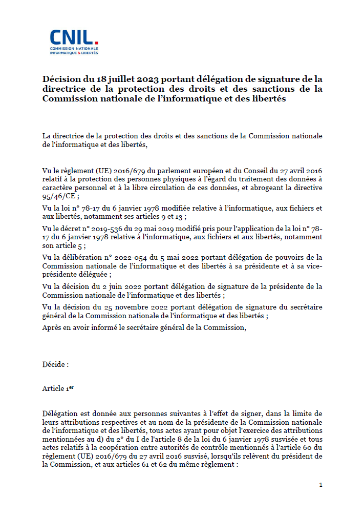 Décision du 18 juillet 2023 portant délégation de signature de la directrice de la protection des droits et des sanctions de la Commission nationale de l’informatique et des libertés