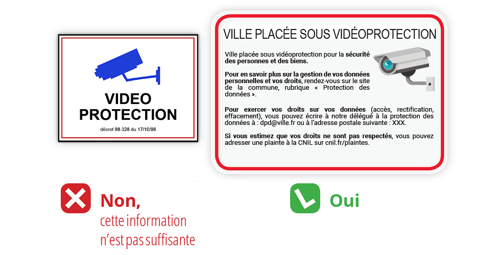 Information suffisante : "Ville placée sous vidéoprotection pour la sécurité des personnes et des biens. Pour en savoir plus sur la gestion de vos données personnelles et vos droits, rendez-vous sur le site de la commune, rubrique "Protection des données". Pour exercer vos droits sur vos données (accès, rectification, effacement), vous pouvez écrire à : dpd@ville.fr ou à l'adresse postale suivante : XXX. Si vous estimez que vos droits ne sont pas respectés, vous pouvez adresser une plainte à la CNIL"
