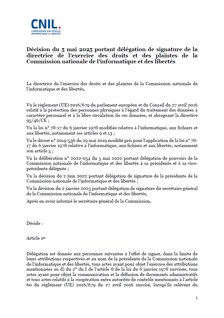 Décision du 5 mai 2025 portant délégation de signature de la directrice de l'exercice des droits et des plaintes de la Commission nationale de l'informatique et des libertés