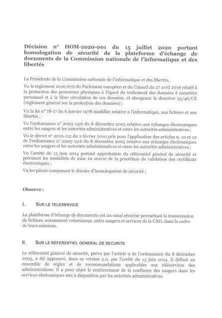 Décision n° HOM-2020-001 du 15 juillet 2020 portant homologation de sécurité de la plateforme d'échange de documents de la CNIL