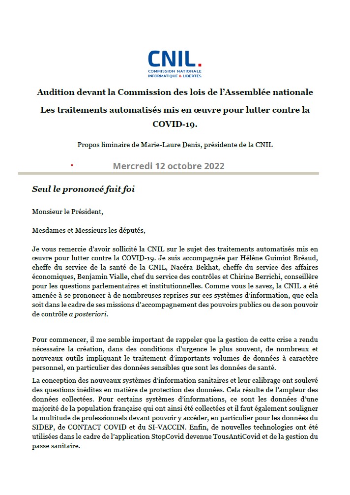 Audition devant la Commission des lois de l'Assemblée nationale - Les traitements automatisés mis en oeuvre pour lutter contre la Covid-19