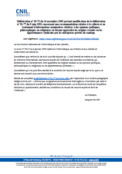 Recommandation - Collecte de certaines données sensibles par les entreprises de sondage (modification)