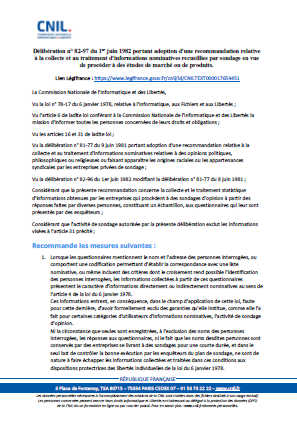 Recommandation - Collecte et utilisation d'informations nominatives par sondage pour les études de marchés ou de produits