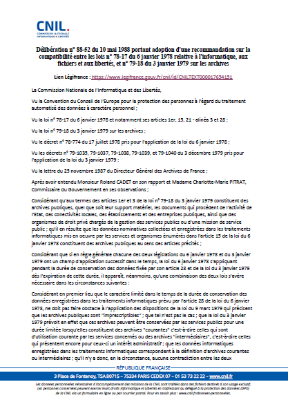 Recommandation - Compatibilité entre la loi Informatique et Libertés et la loi du 3 janvier 1979 sur les archives