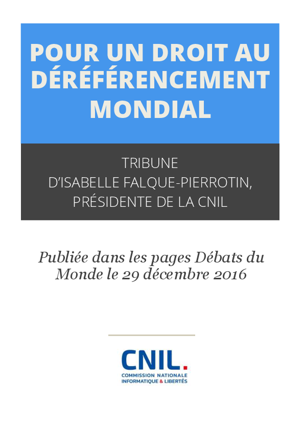 Pour un droit au déréférencement Mondial  - Tribune  d’Isabelle Falque-Pierrotin, Présidente de la CNIL