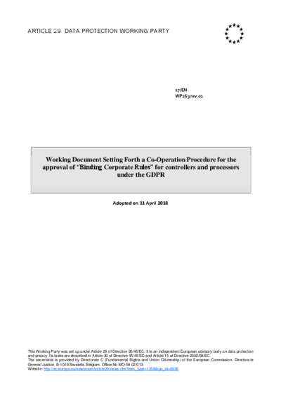 WP263 - Procédure de coopération et d'approbation des BCR par les autorités de contrôle (EN)