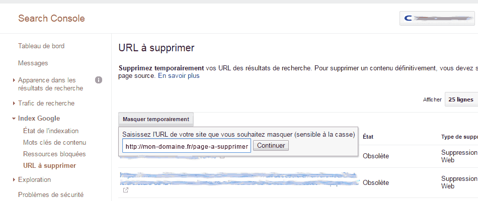 2-Google search console : page à supprimer