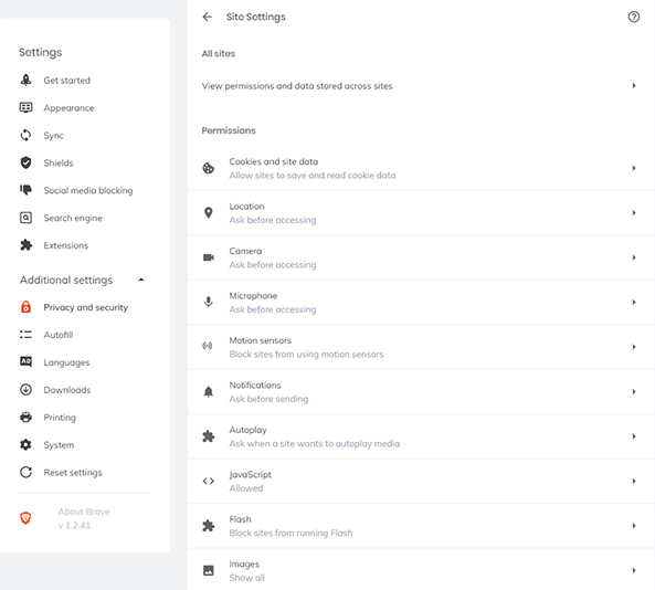 Brave - paramètres de site (capture réalisée sur la version anglaise du navigateur)
