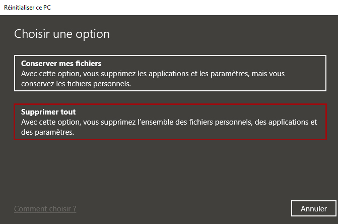 Ecran récupération choix - Windows