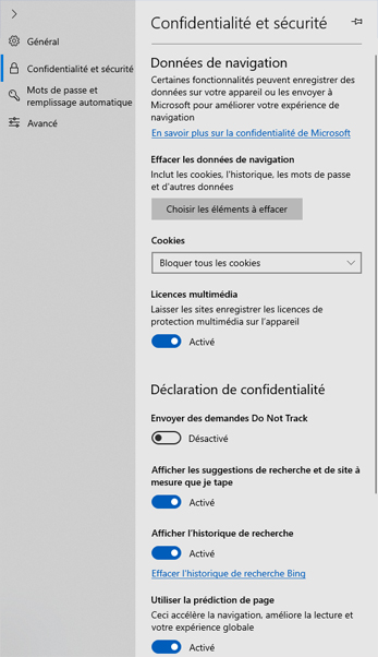 Edge - gestion de la vie privée