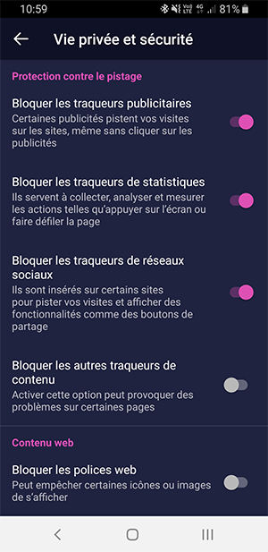 Firefox focus - gestion de la vie privée