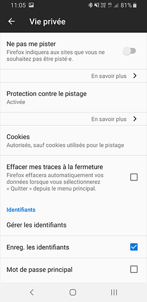 Firefox mobile - gestion de la vie privée