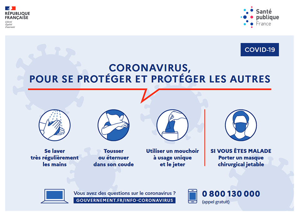 Conseils du Gouvernement pour lutter contre le coronavirus - Se laver très régulièrement les mains, tousser ou éternuer dans son coude, utiliser un mouchoir à usage unique et le jeter - Si vous êtes malade, porter un masque chirurgical jetable - Vous avez des questions sur le coronavirus ? Gouvernement.fr/info-coronavirus ou 0 800 130 000 (appel gratuit)