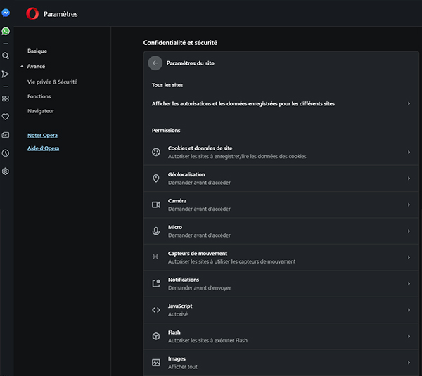 Opera - paramètres avancés