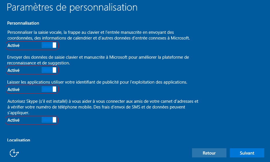 windows 10 ecran 2 « Paramètres de personnalisation » - Les principaux réglages