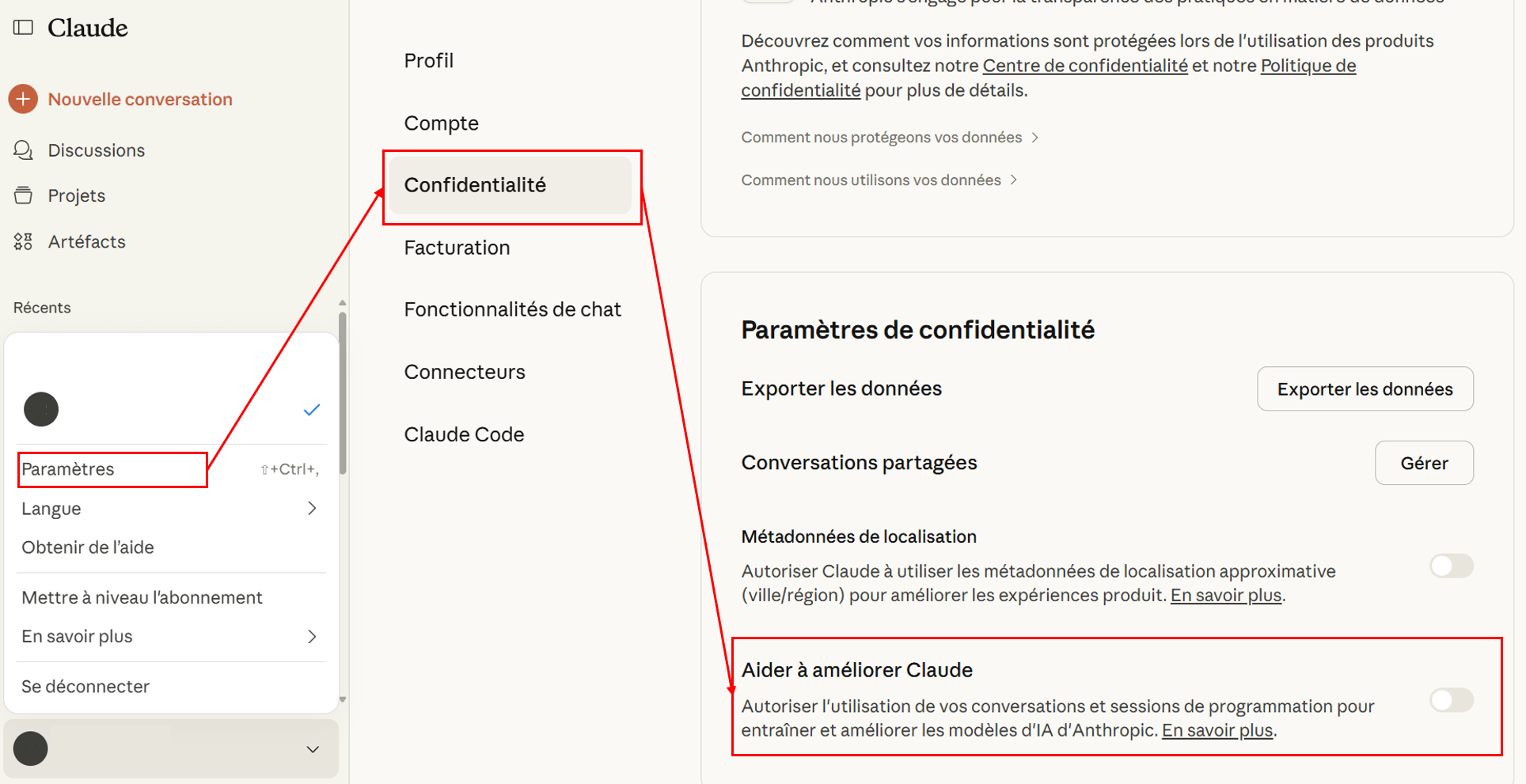 Capture d'écran du site Claude - Aller dans Paramètres puis Confidentialité, puis décocher Aider à améliorer Claude