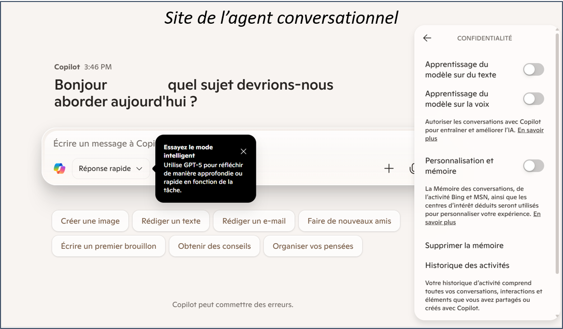 Capture d'écran du site de Copilot - Aller dans les paramètres du compte puis Confidentialité et désactiver les options Formation du modèle sur du texte et Formation du modèle sur la voix