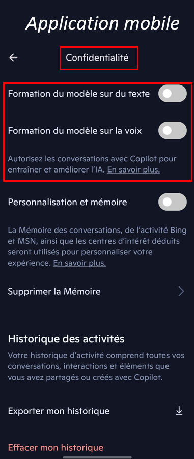 Capture d'écran de l'application mobile Copilot - Aller dans Confidentialité puis décocher les options Formation du modèle sur du texte et Formation du modèle sur la voix