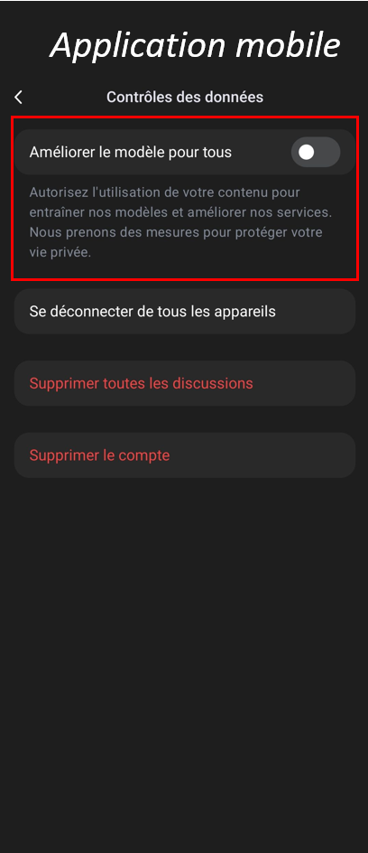 Capture d'écran de l'application DeepSeek - Aller dans Contrôles des données puis décocher Améliorer le modèle pour tous