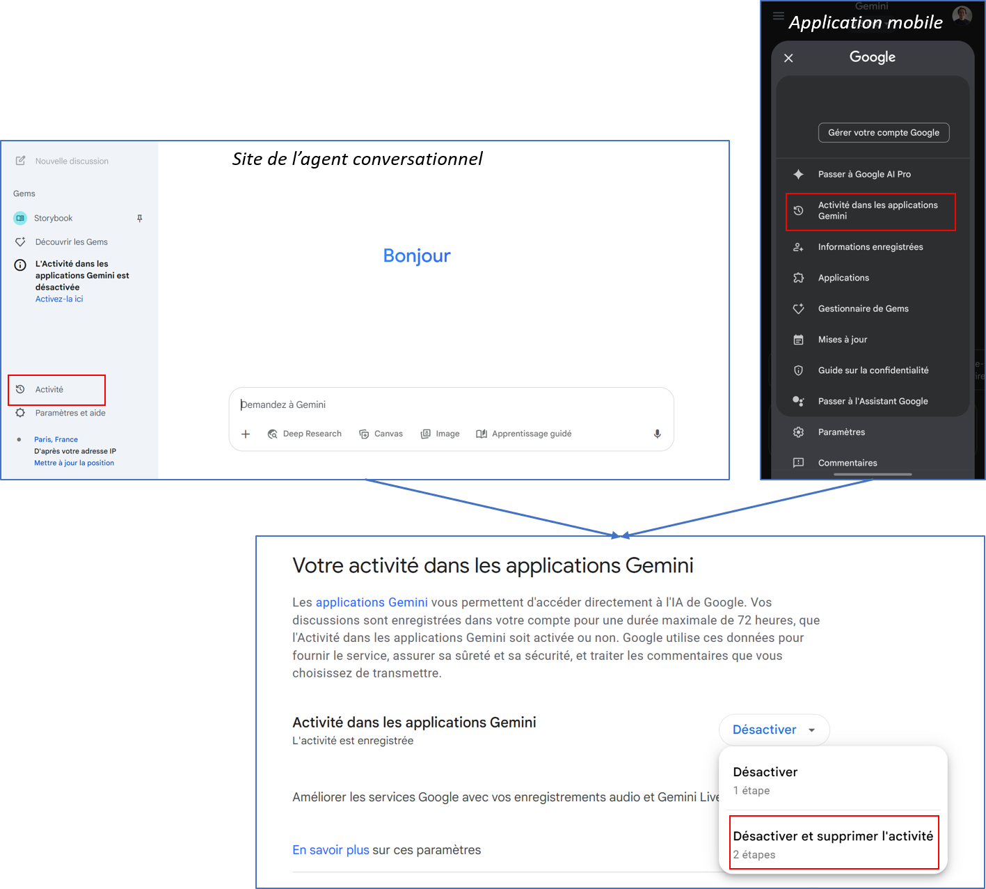 Capture d'écran du site et de l'application mobile Gemini : Cliquer sur Activité / Activité dans les applications Gemini, puis sur Votre activité dans les applications Gemini, puis Désactiver et supprimer l'activité