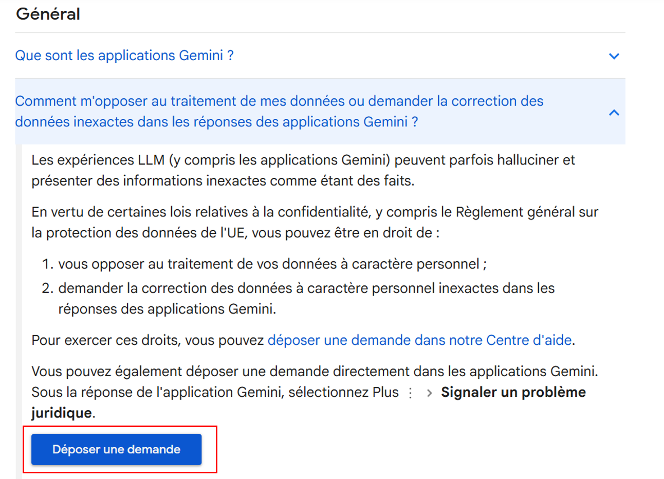 Capture d'écran du formulaire de contact de Gemini - Cliquer sur Déposer une demande