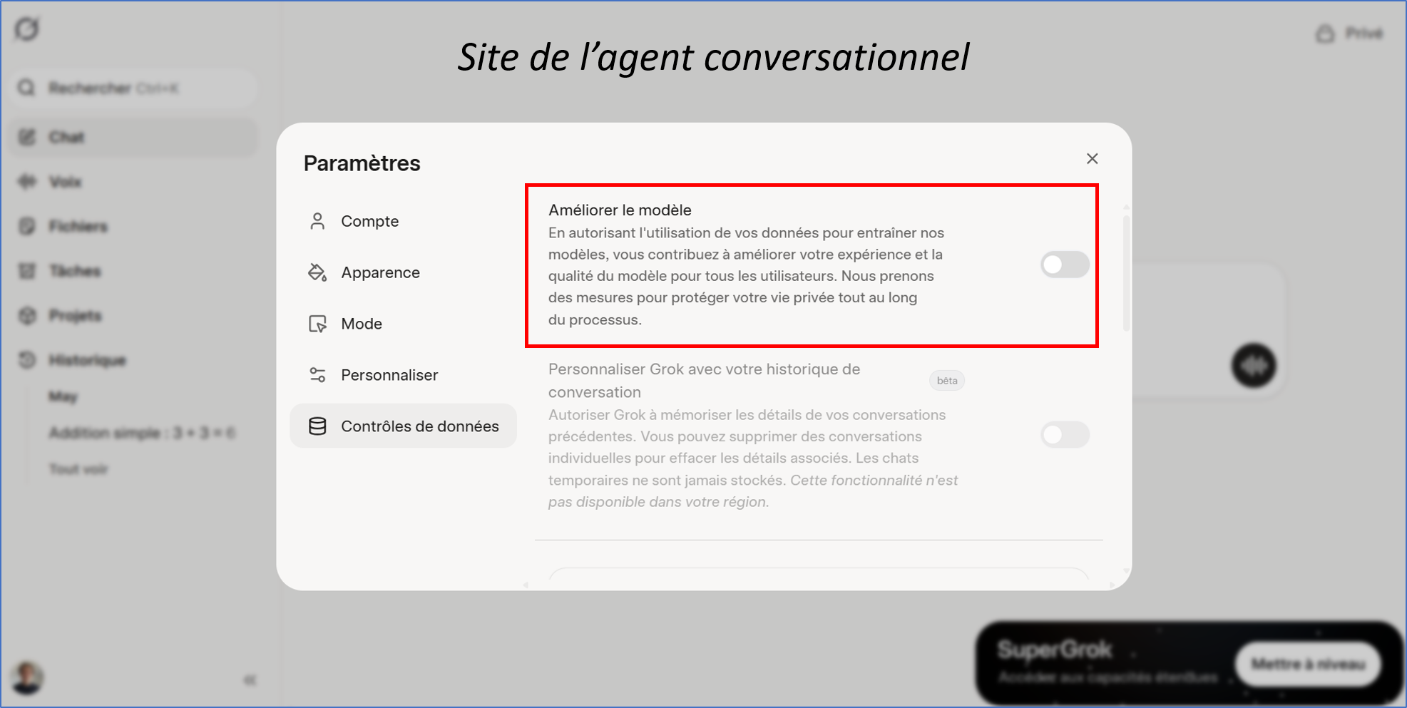 Capture d'écran du site Grok - Aller dans Paramètres puis Contrôle de données puis décocher Améliorer le modèle