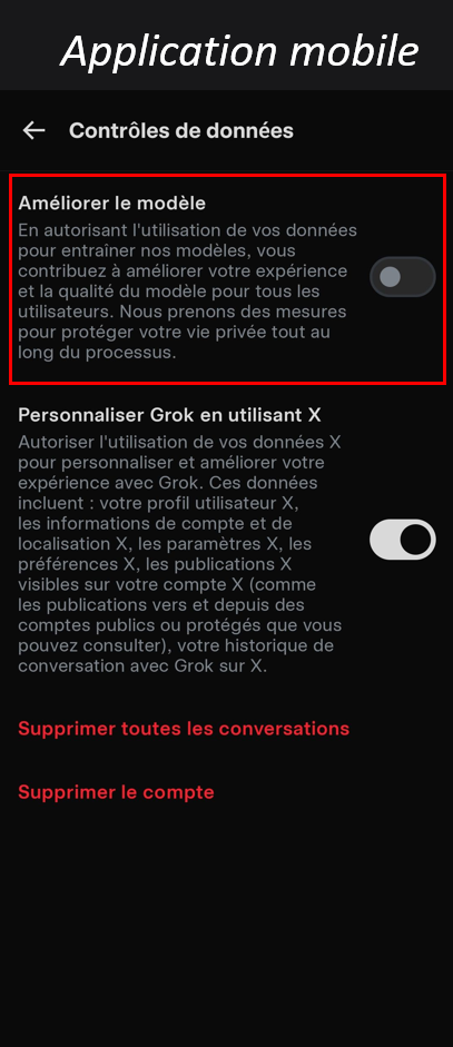 Capture d'écran de l'application Grok - Aller dans Contrôles de données puis décocher Améliorer le modèle