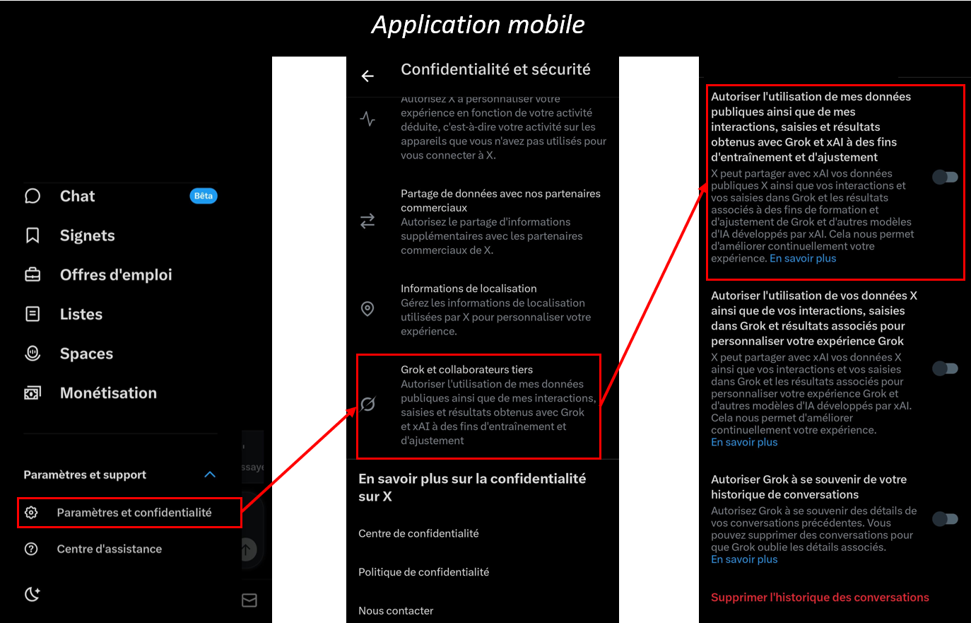 Capture d'écran de l'application X - Aller dans Paramètres et confidentialité puis Grok et collaborateurs tiers puis décocher Autoriser l'utilisation de mes données publiques ainsi que de mes interactions, saisies et résultats obtenus avec Grok xAI à des fins d'entraînement et d'ajustement