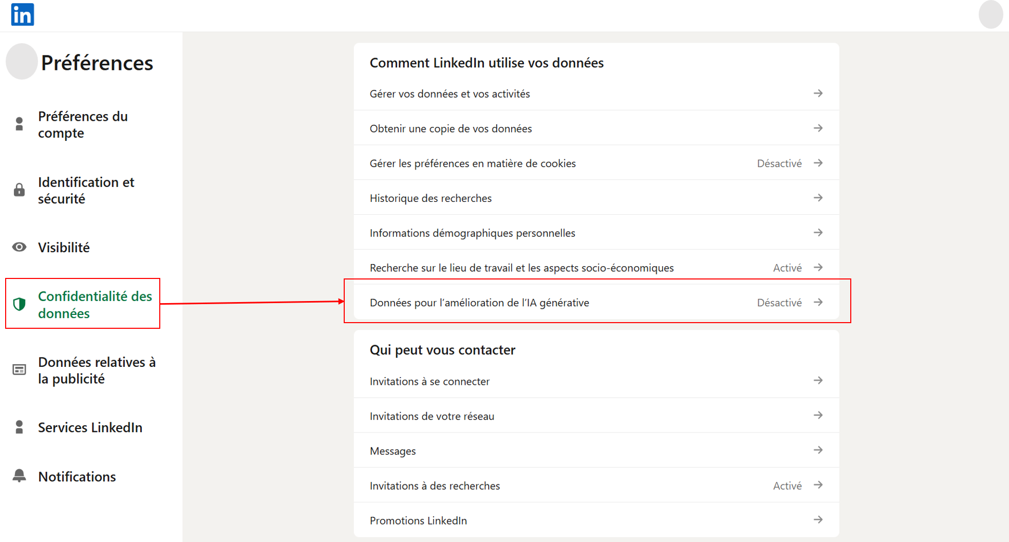 Capture d'écran du site LinkedIn - Aller dans Préférences puis Confidentialité des données, puis Données pour l'amélioration de l'IA générative (à désactiver)