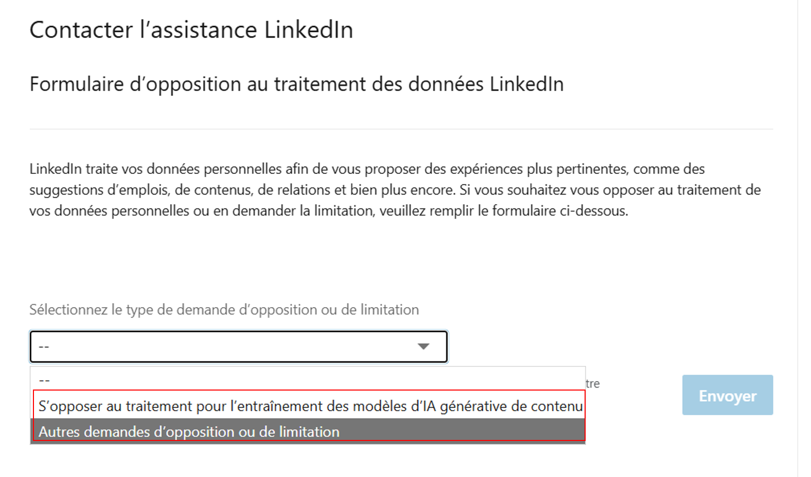 Capture d'écran du formulaire de contact LinkedIn - Sélectionner S'opposer au traitement pour l'entraînement des modèles d'IA générative de contenu