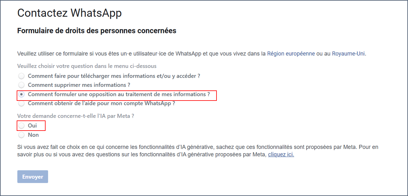 Capture d'écran du formulaire de contact WhatsApp - Sélectionner Comment formuler une opposition au traitement de mes informations ? puis Oui à la question Votre demande concerne-t-elle l'IA par Meta ?