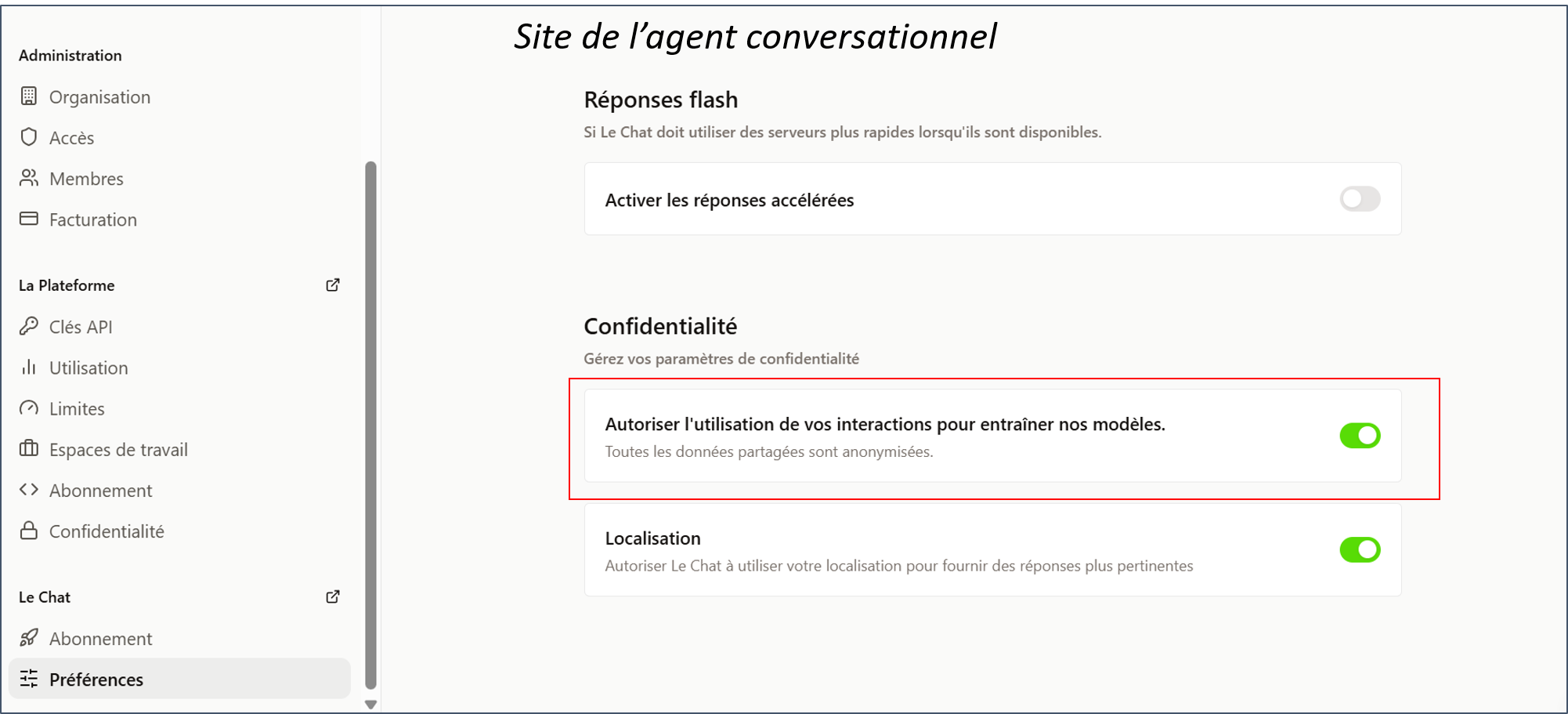 Capture d'écran du site Le Chat - Aller dans Préférences puis Confidentialité : décocher Autoriser l'utilisation de vos interactions pour entrainer nos modèles