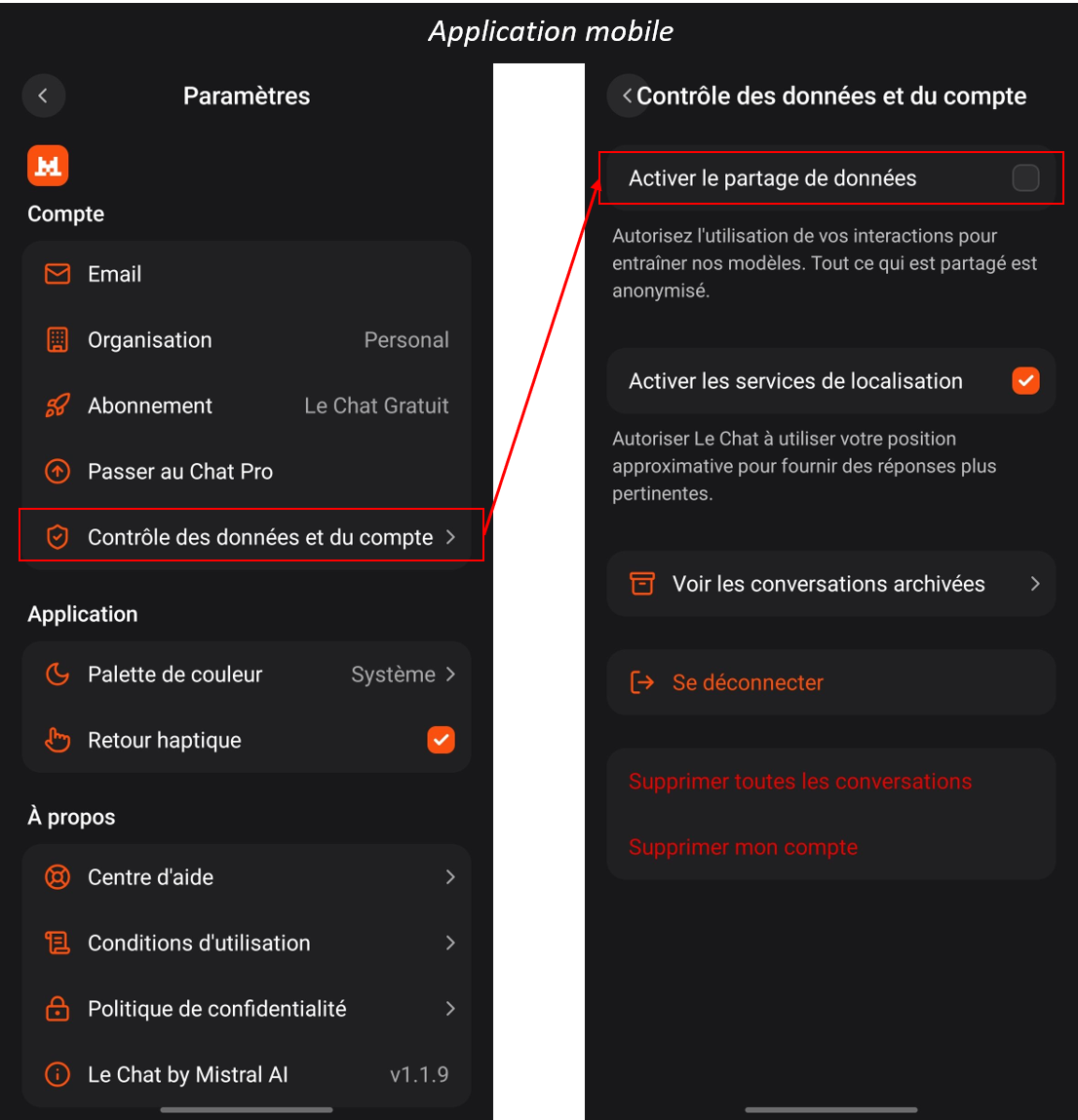 Capture d'écran de l'application Le Chat - Aller dans Paramètres puis Contrôle des données et du compte, puis décocher Activer le partage de données