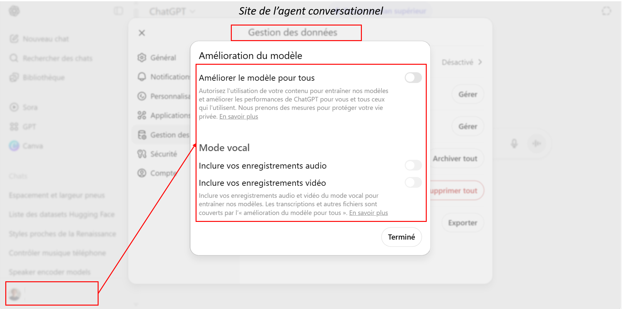 Capture d'écran d'Open AI - Paramètres du compte puis Gestion des données puis Améliorer le modèle pour tous