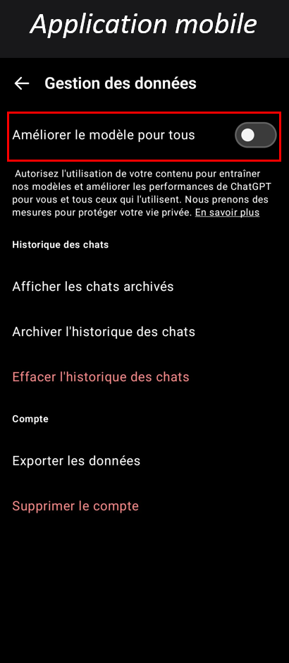 Capture d'écran de l'application mobile Open Ai - Aller dans Gestion des données puis décocher Améliorer le modèle pour tous