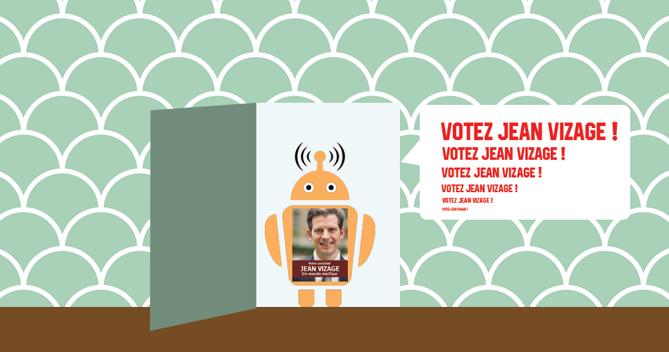 Illustration d'un robot répétant à l'infini "Votez Jean Vizage !"
