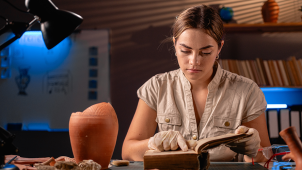 Femme faisant des recherches en archéologie