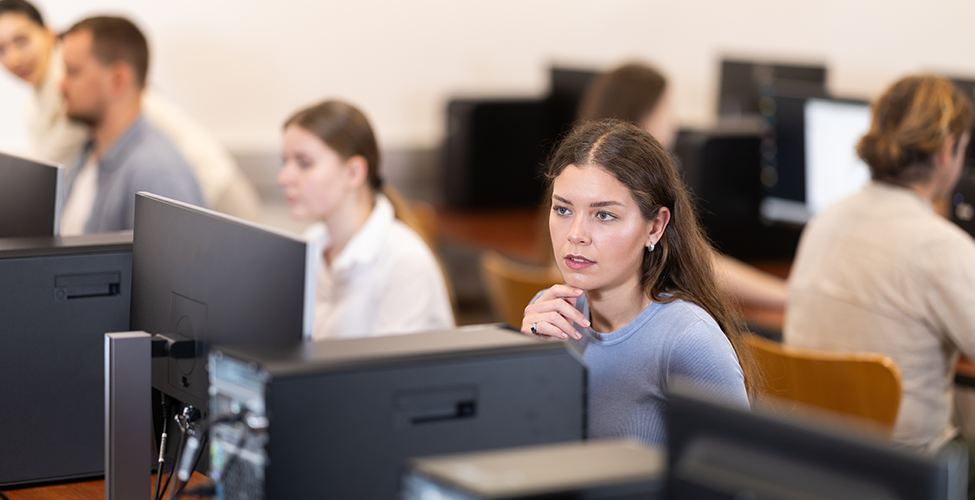 Photographie d'élèves devant des ordinateurs dans une salle de cours en faculté