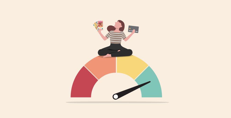 Illustration d'une femme en posture de méditation et tenant dans ses mains des billets de banque et une carte de crédit, sur une jauge allant du rouge au vert